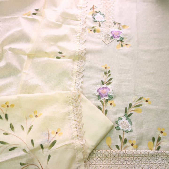 Mahiya Butter Yellow Lace Work Neck and Hem with Floral Patch Kota Doriya Suit Set