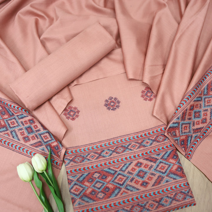 संजीवनी Light Peach Defined by Thread Weaved Hem Semi Pashmina Winter Set