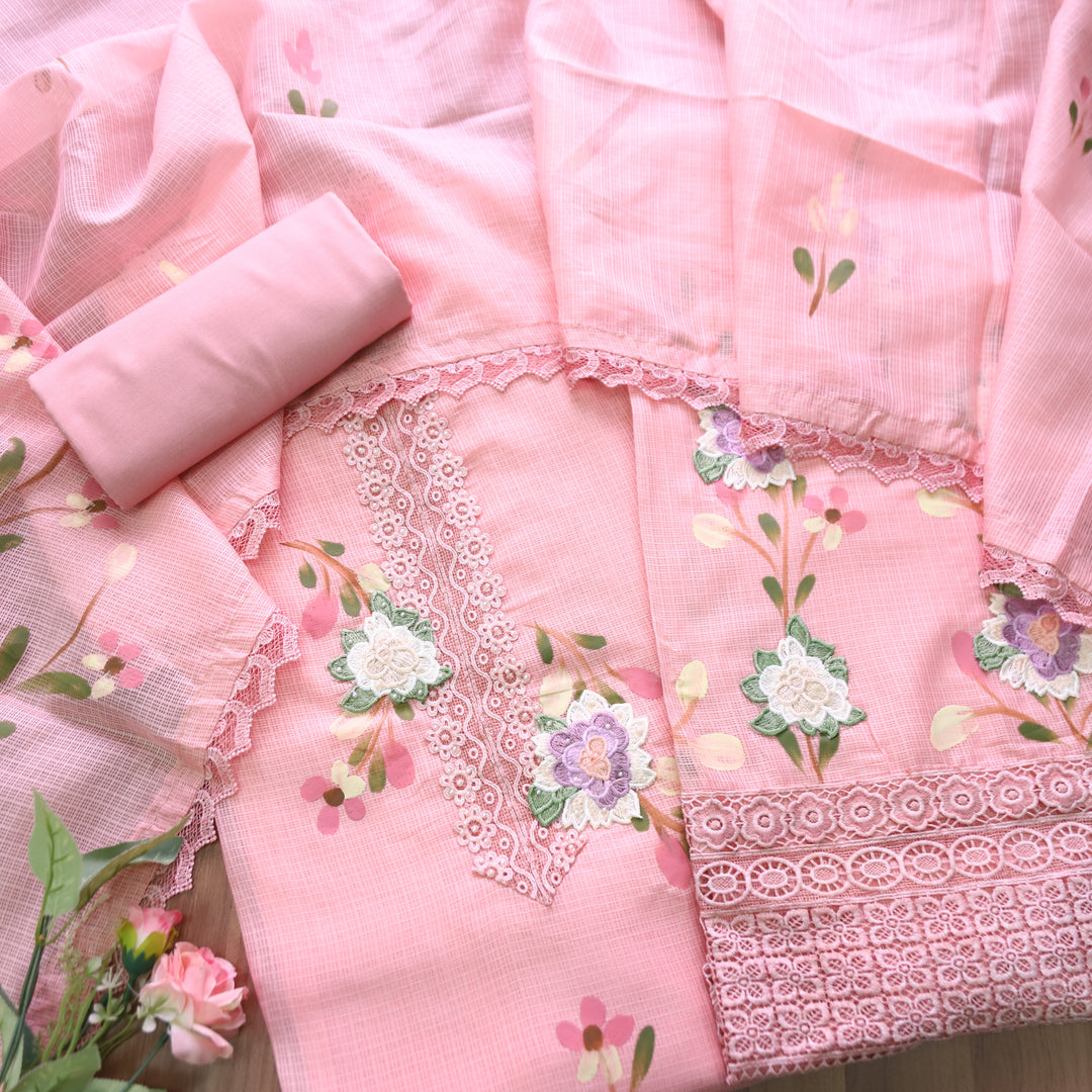 Mahiya Peach Orange Lace Work Neck and Hem with Floral Patch Kota Doriya Suit Set