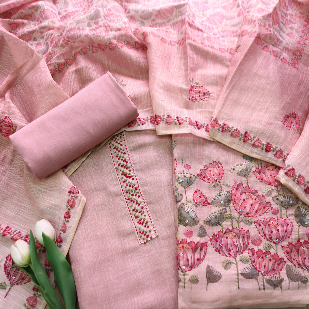 Radhika Mauve Pink French Knot Work on Neck and Hem Shimmer Tissue Linen Set
