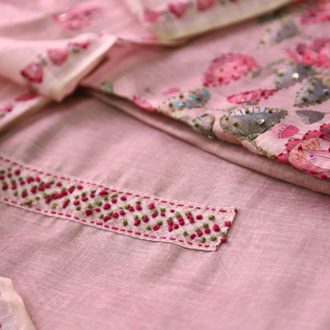 Radhika Mauve Pink French Knot Work on Neck and Hem Shimmer Tissue Linen Set
