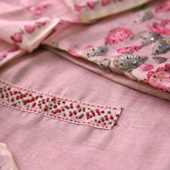Radhika Mauve Pink French Knot Work on Neck and Hem Shimmer Tissue Linen Set