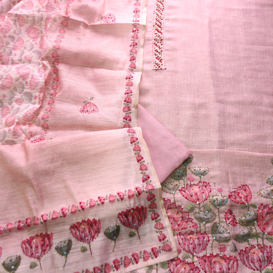 Radhika Mauve Pink French Knot Work on Neck and Hem Shimmer Tissue Linen Set