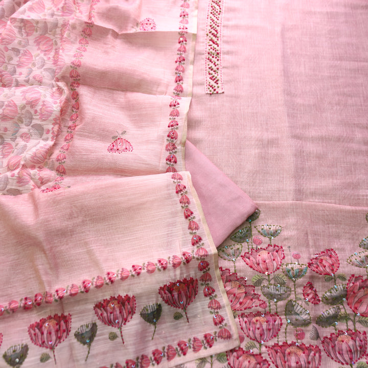 Radhika Mauve Pink French Knot Work on Neck and Hem Shimmer Tissue Linen Set