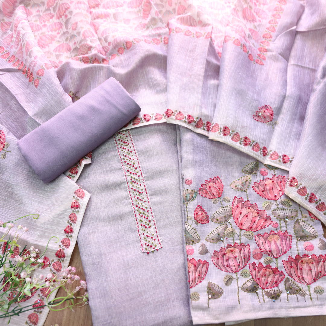 Radhika Helio Purple French Knot Work on Neck and Hem Shimmer Tissue Linen Set