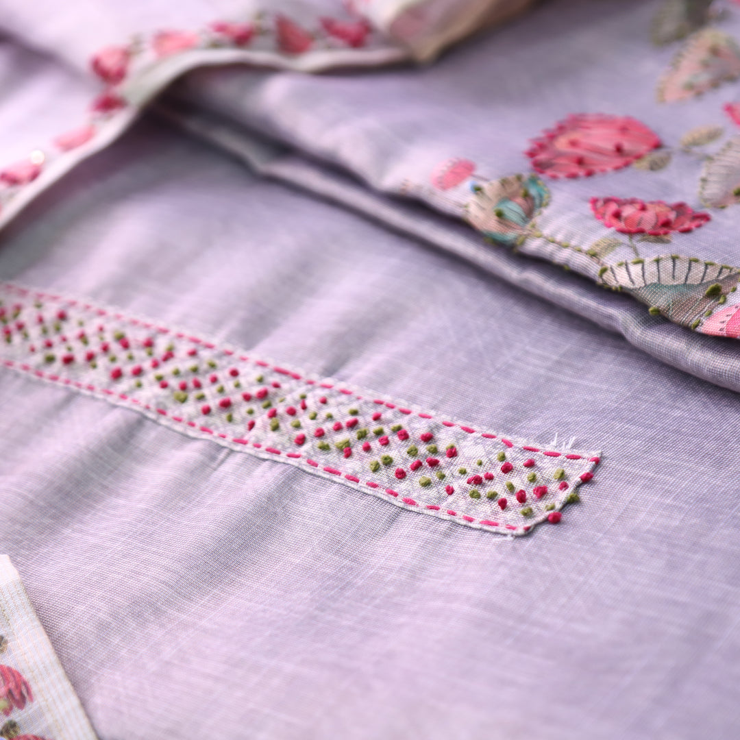 Radhika Helio Purple French Knot Work on Neck and Hem Shimmer Tissue Linen Set