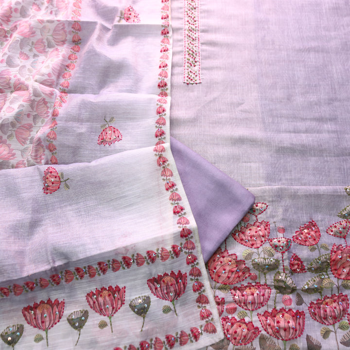 Radhika Helio Purple French Knot Work on Neck and Hem Shimmer Tissue Linen Set