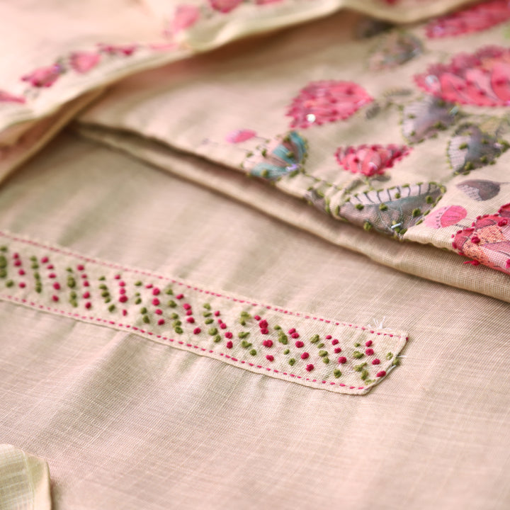 Radhika Sand Beige French Knot Work on Neck and Hem Shimmer Tissue Linen Set
