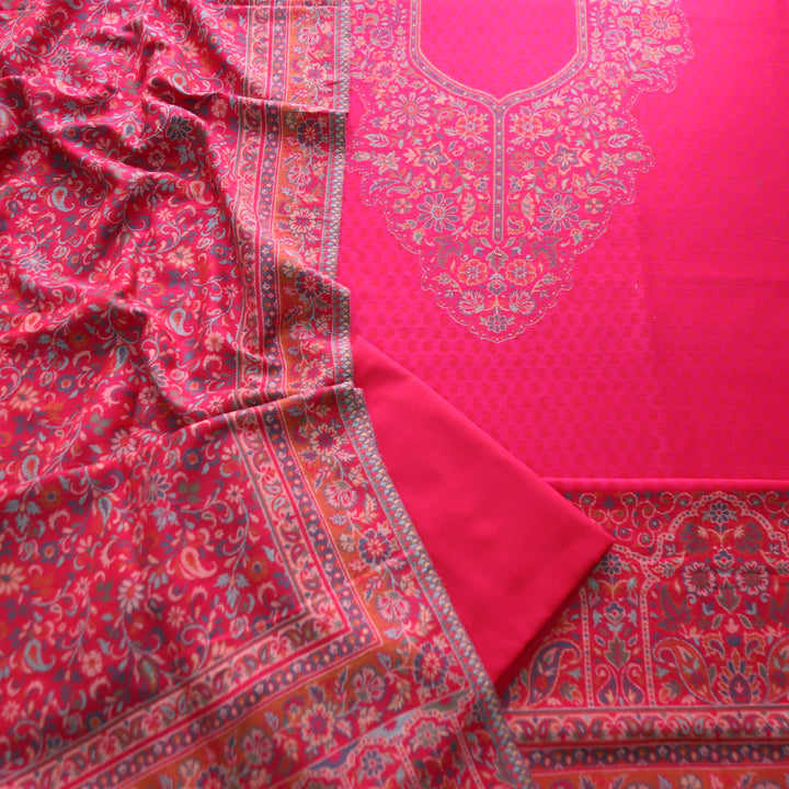 यक्षी Lotus Pink All Over Kasmiri Kanni Thread Weaved Work Semi Pashmina Winter Set