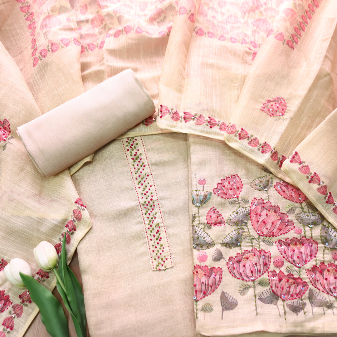 Radhika Sand Beige French Knot Work on Neck and Hem Shimmer Tissue Linen Set