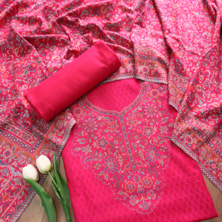 यक्षी Lotus Pink All Over Kasmiri Kanni Thread Weaved Work Semi Pashmina Winter Set
