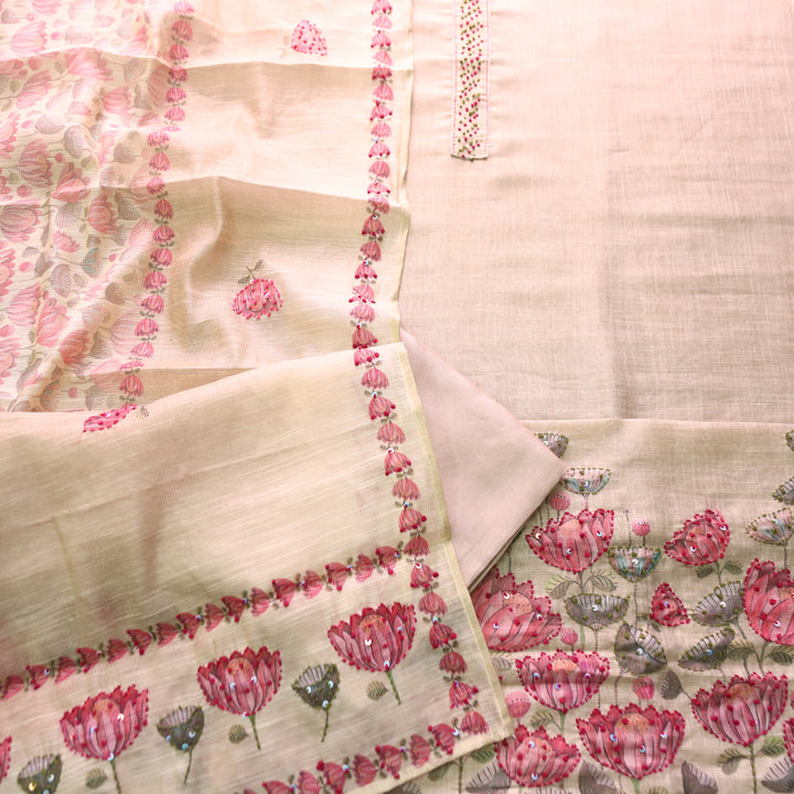 Radhika Sand Beige French Knot Work on Neck and Hem Shimmer Tissue Linen Set