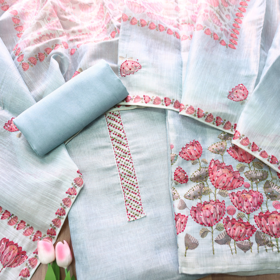 Radhika Powder Blue French Knot Work on Neck and Hem Shimmer Tissue Linen Set
