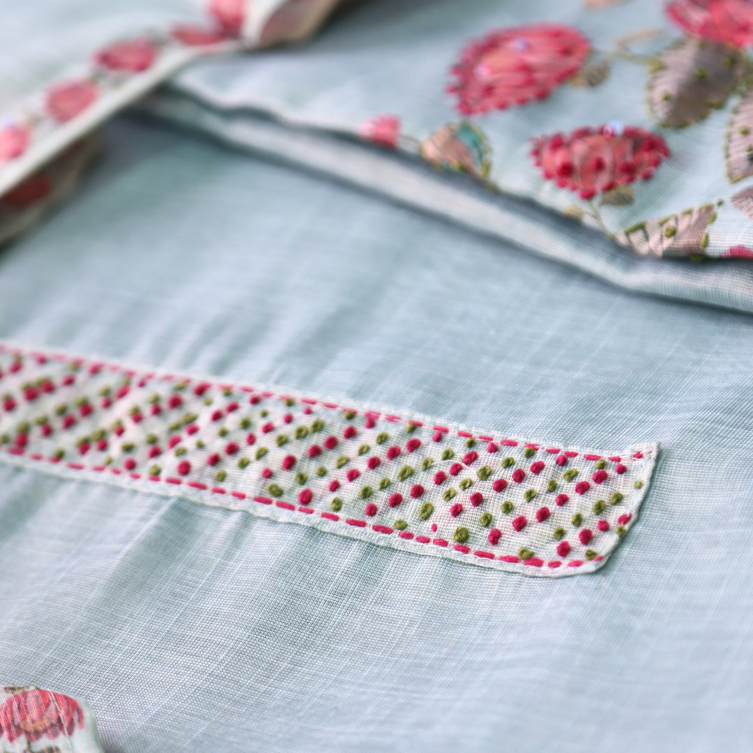 Radhika Powder Blue French Knot Work on Neck and Hem Shimmer Tissue Linen Set