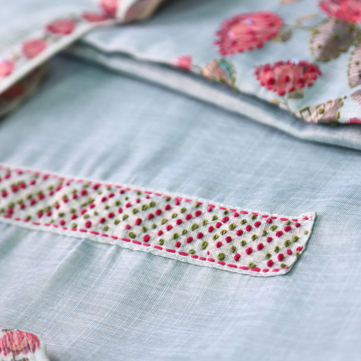 Radhika Powder Blue French Knot Work on Neck and Hem Shimmer Tissue Linen Set