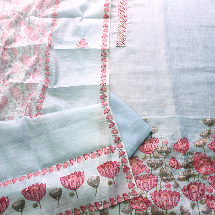 Radhika Powder Blue French Knot Work on Neck and Hem Shimmer Tissue Linen Set