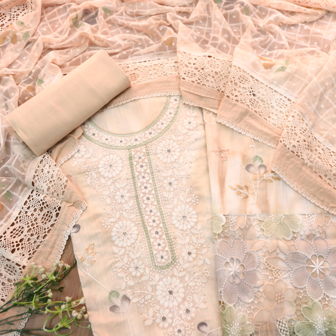 Jhanvi Pumpkin Peach Embroidered Neck in Hand Painted Cotton Linen Suit Set