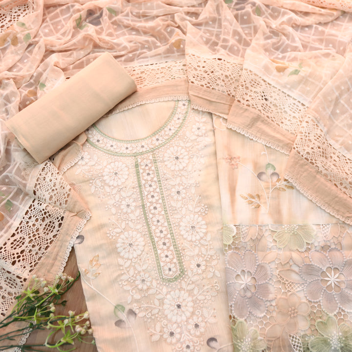 Jhanvi Pumpkin Peach Embroidered Neck in Hand Painted Cotton Linen Suit Set