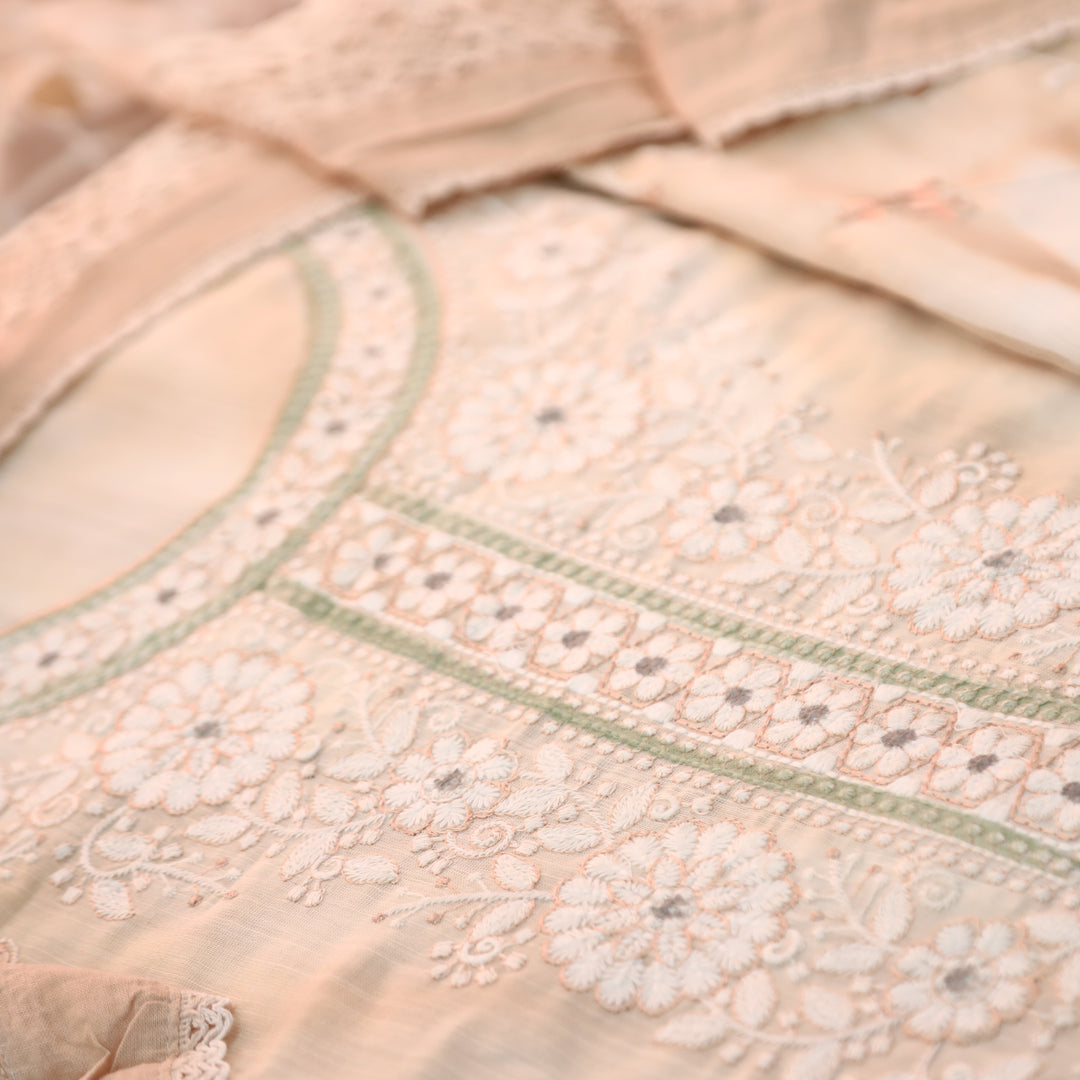 Jhanvi Pumpkin Peach Embroidered Neck in Hand Painted Cotton Linen Suit Set