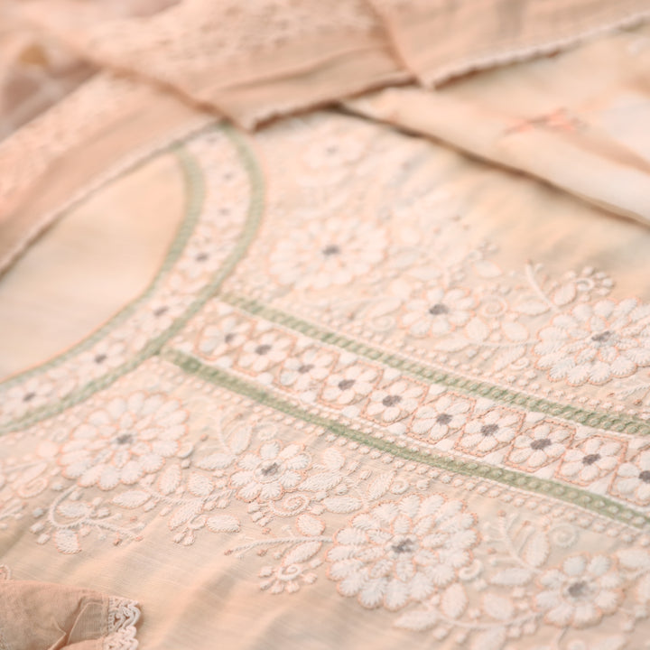 Jhanvi Pumpkin Peach Embroidered Neck in Hand Painted Cotton Linen Suit Set