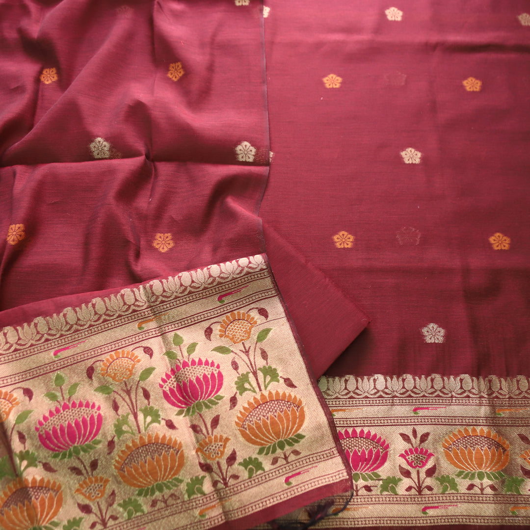 Kashish Berry Red Jamdani Jacquard Weaved Paithani Inspired Chanderi Set