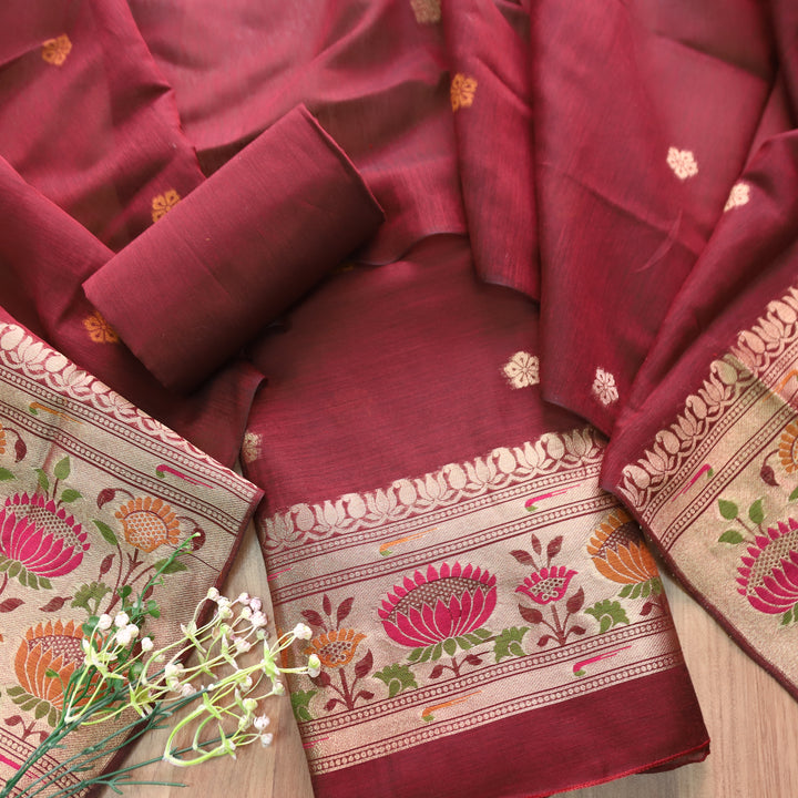 Kashish Berry Red Jamdani Jacquard Weaved Paithani Inspired Chanderi Set