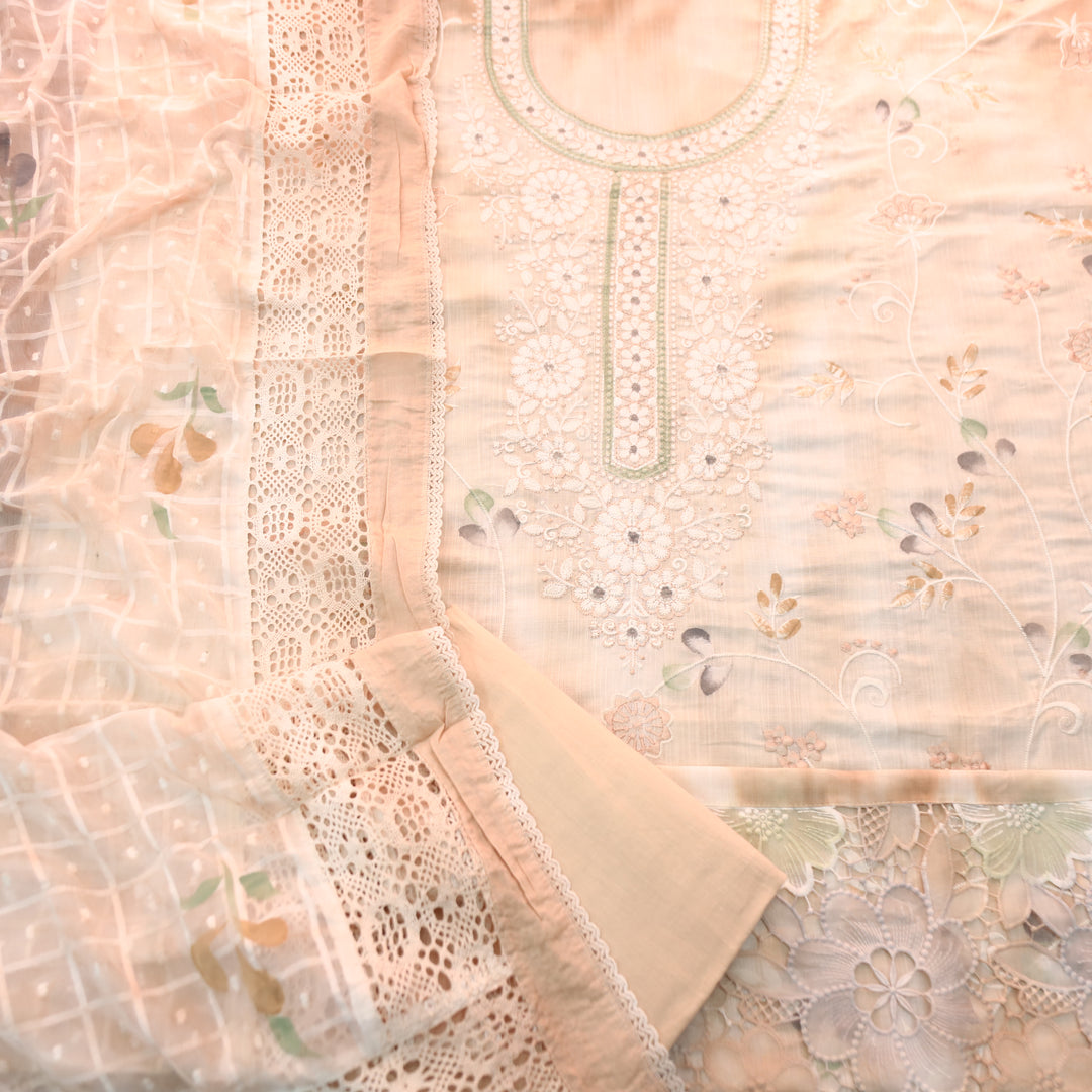 Jhanvi Pumpkin Peach Embroidered Neck in Hand Painted Cotton Linen Suit Set