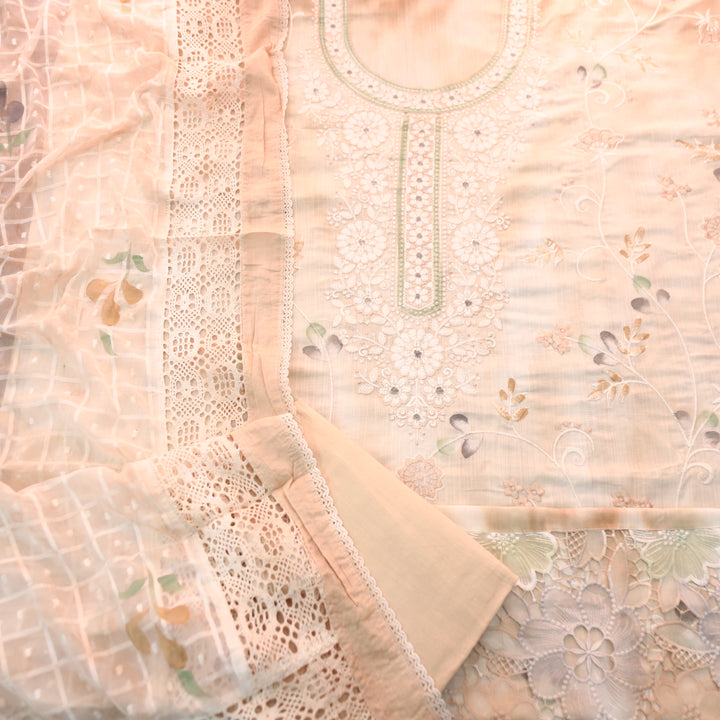 Jhanvi Pumpkin Peach Embroidered Neck in Hand Painted Cotton Linen Suit Set