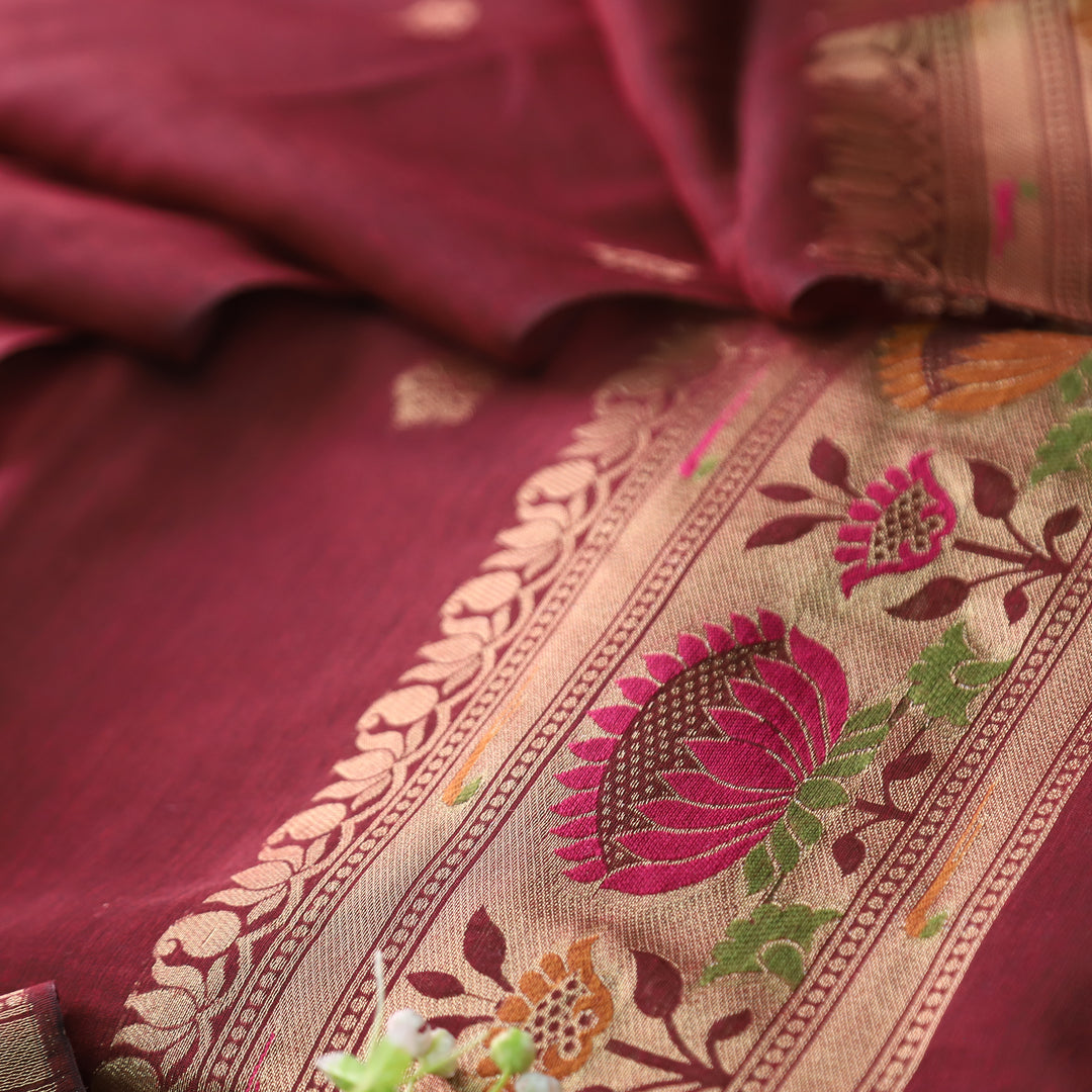 Kashish Berry Red Jamdani Jacquard Weaved Paithani Inspired Chanderi Set