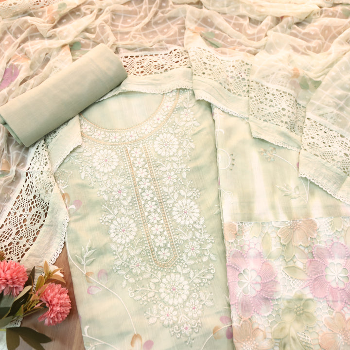 Jhanvi Summer Mint Embroidered Neck in Hand Painted Cotton Linen Suit Set