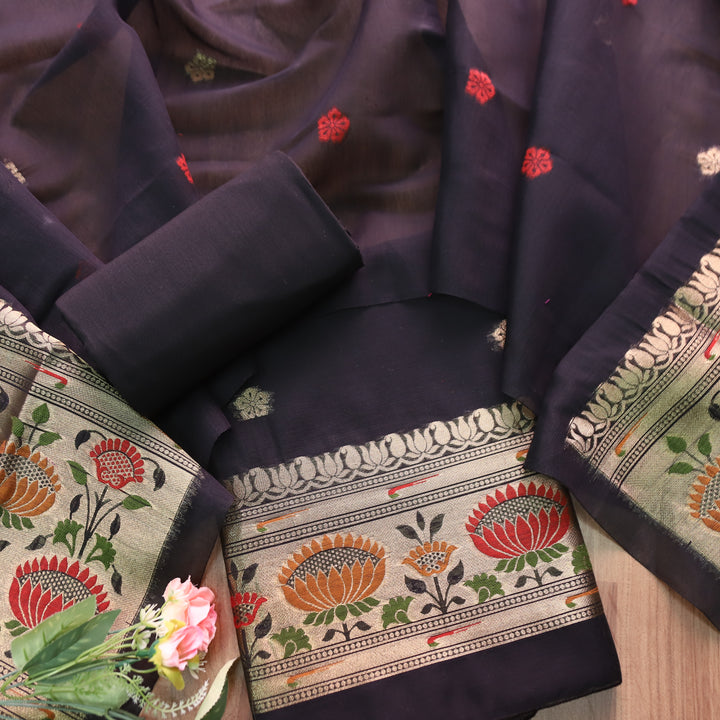 Kashish Midnight Black Jamdani Jacquard Weaved Paithani Inspired Chanderi Set