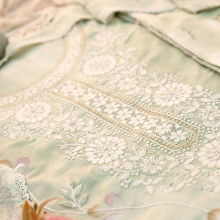 Jhanvi Summer Mint Embroidered Neck in Hand Painted Cotton Linen Suit Set
