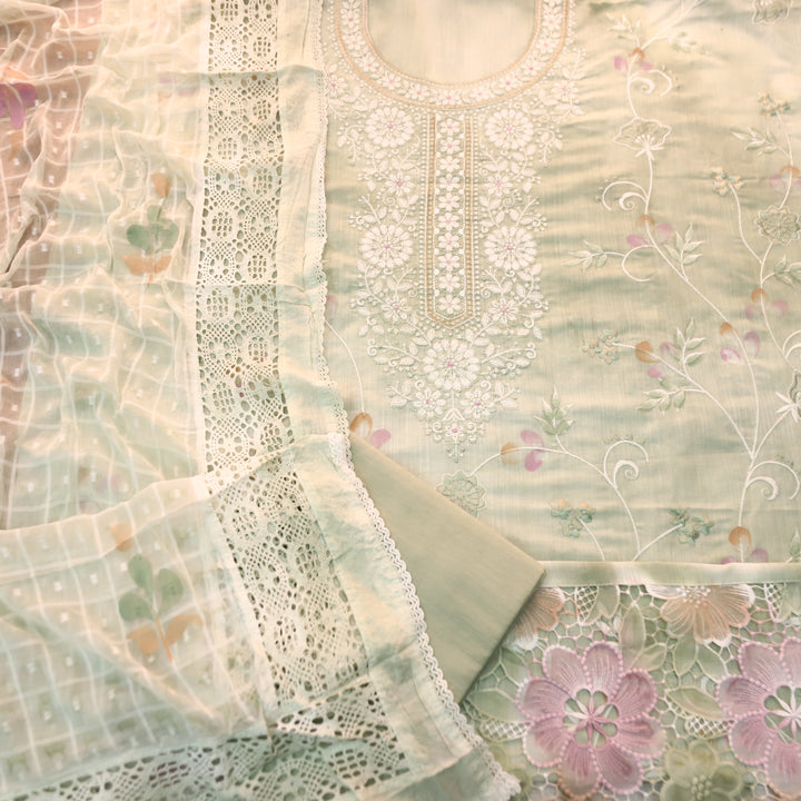 Jhanvi Summer Mint Embroidered Neck in Hand Painted Cotton Linen Suit Set