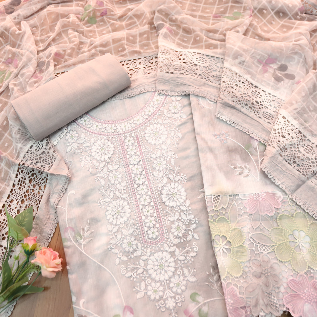Jhanvi Fossil Grey Embroidered Neck in Hand Painted Cotton Linen Suit Set