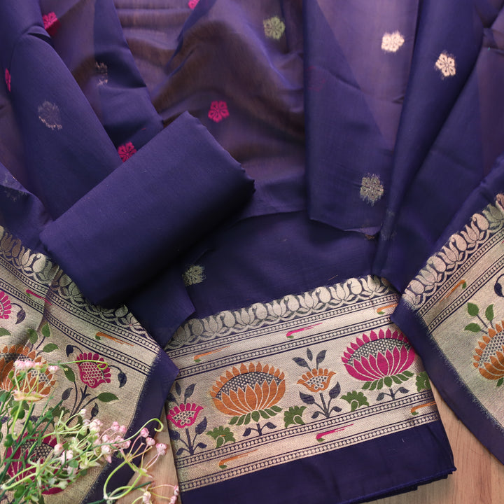 Kashish Indigo Blue Jamdani Jacquard Weaved Paithani Inspired Chanderi Set