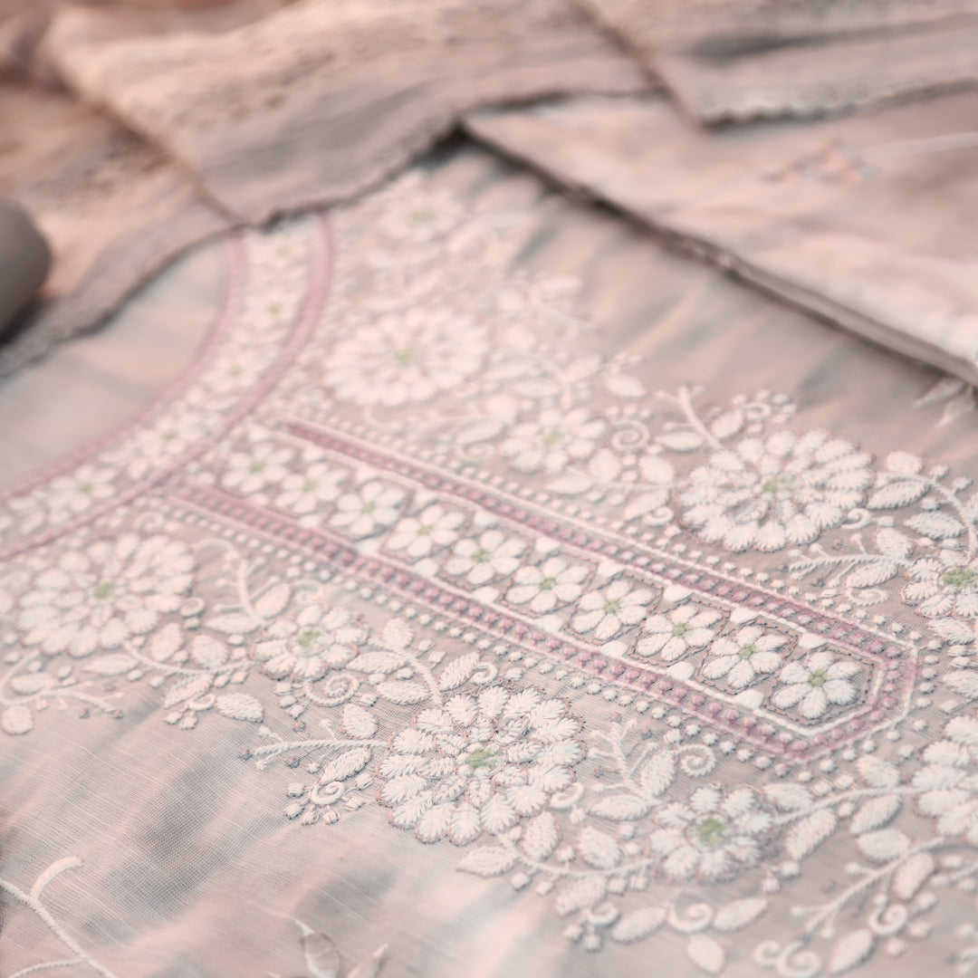 Jhanvi Fossil Grey Embroidered Neck in Hand Painted Cotton Linen Suit Set