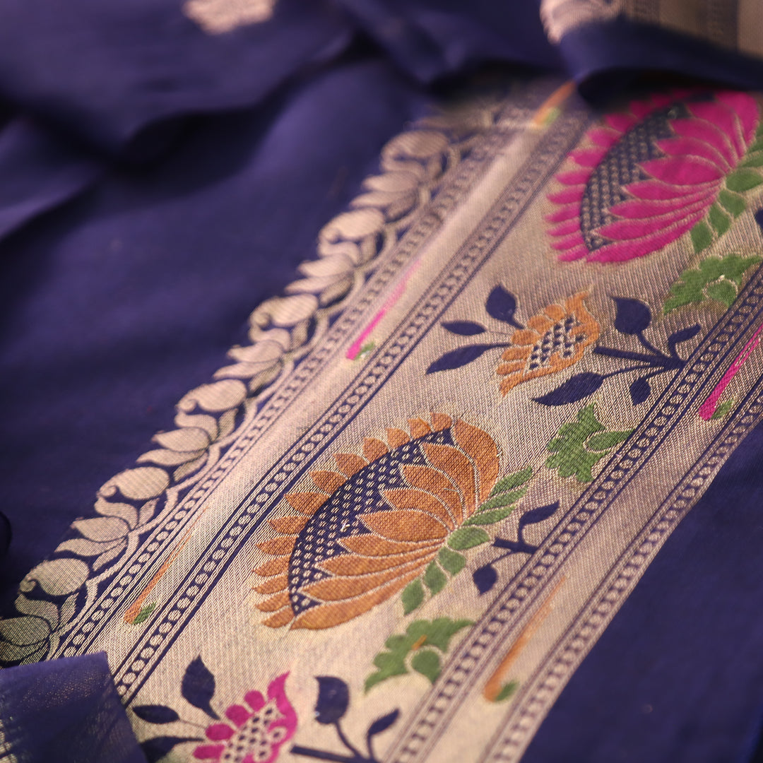 Kashish Indigo Blue Jamdani Jacquard Weaved Paithani Inspired Chanderi Set