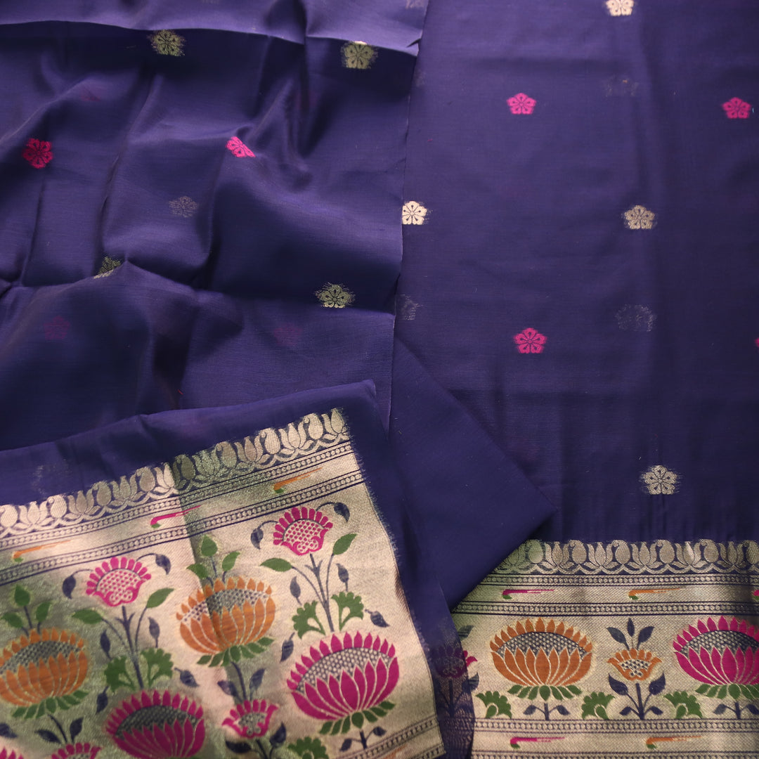 Kashish Indigo Blue Jamdani Jacquard Weaved Paithani Inspired Chanderi Set