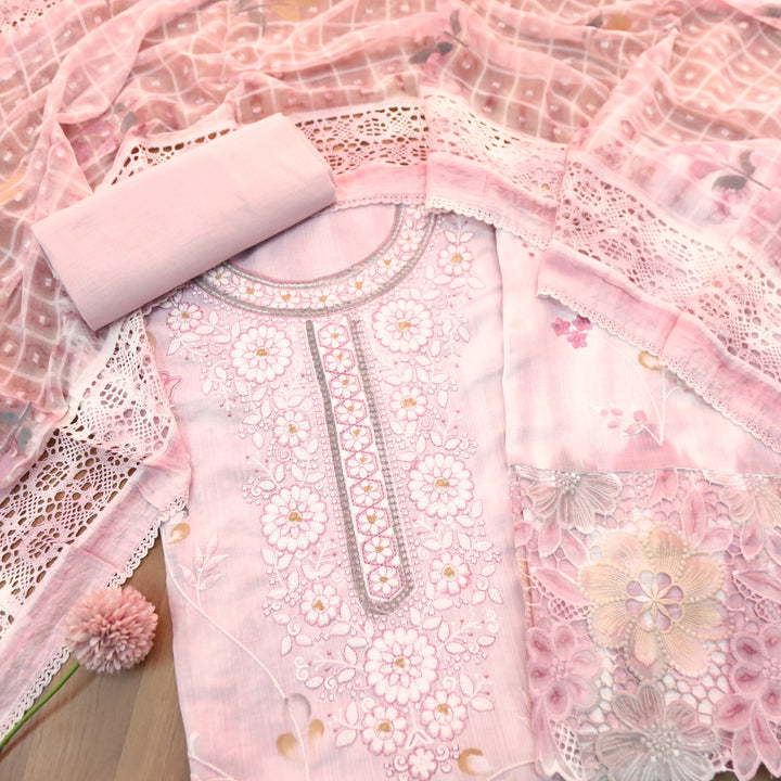 Jhanvi Candy Pink Embroidered Neck in Hand Painted Cotton Linen Suit Set