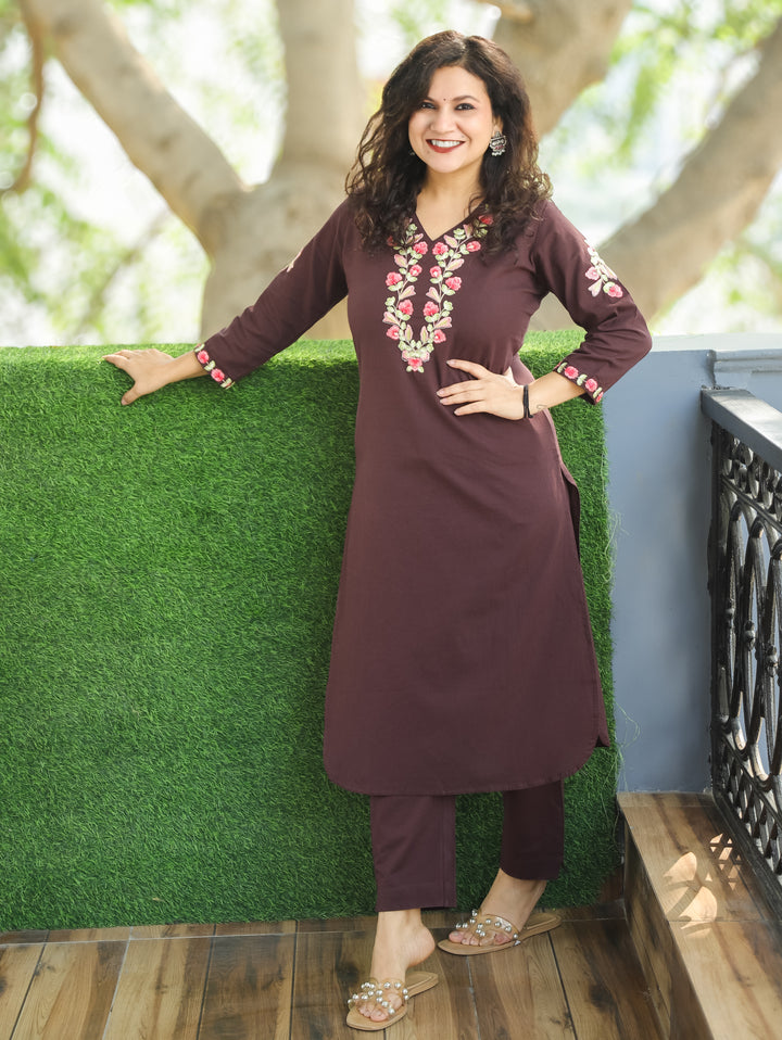 Rudrakshi Choco Brown with V Neck Embroiered Work Cotton 2 Piece Set