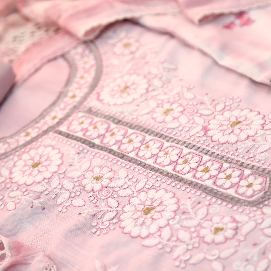Jhanvi Candy Pink Embroidered Neck in Hand Painted Cotton Linen Suit Set