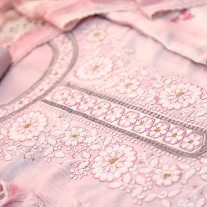 Jhanvi Candy Pink Embroidered Neck in Hand Painted Cotton Linen Suit Set