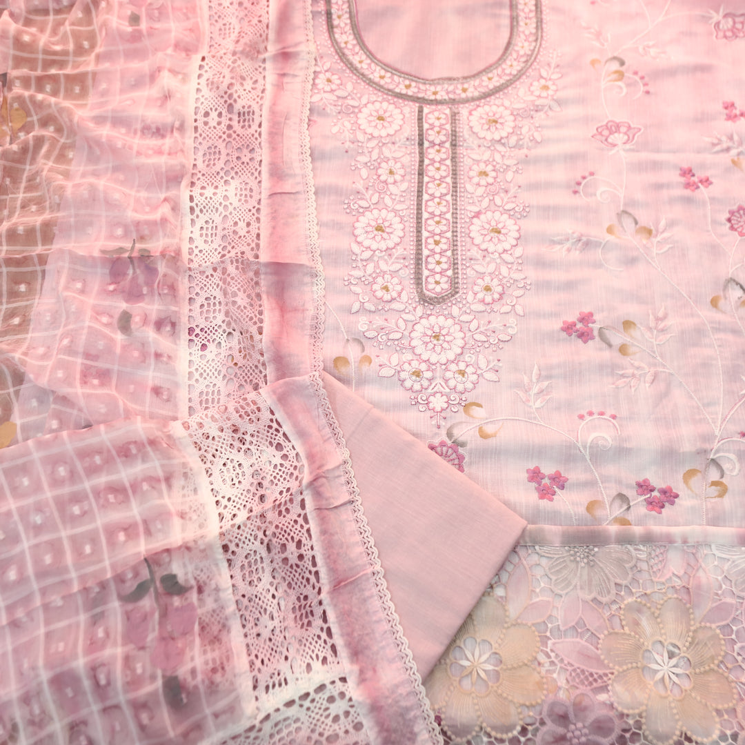 Jhanvi Candy Pink Embroidered Neck in Hand Painted Cotton Linen Suit Set