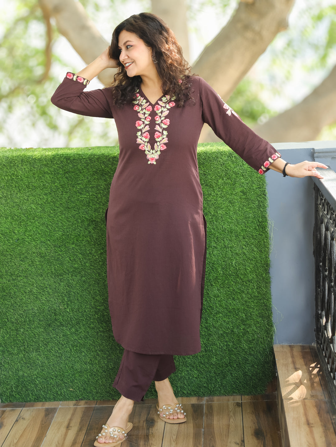 Rudrakshi Choco Brown with V Neck Embroiered Work Cotton 2 Piece Set