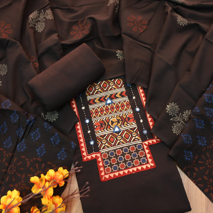 Jogiya Ebony Black Ajrak Printed Yoke with Mirror Work Cotton Suit Set