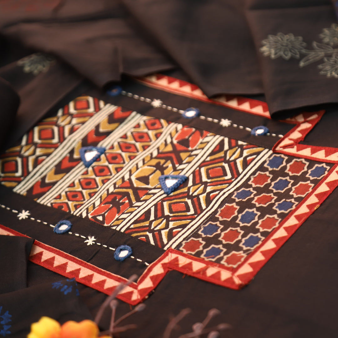 Jogiya Ebony Black Ajrak Printed Yoke with Mirror Work Cotton Suit Set