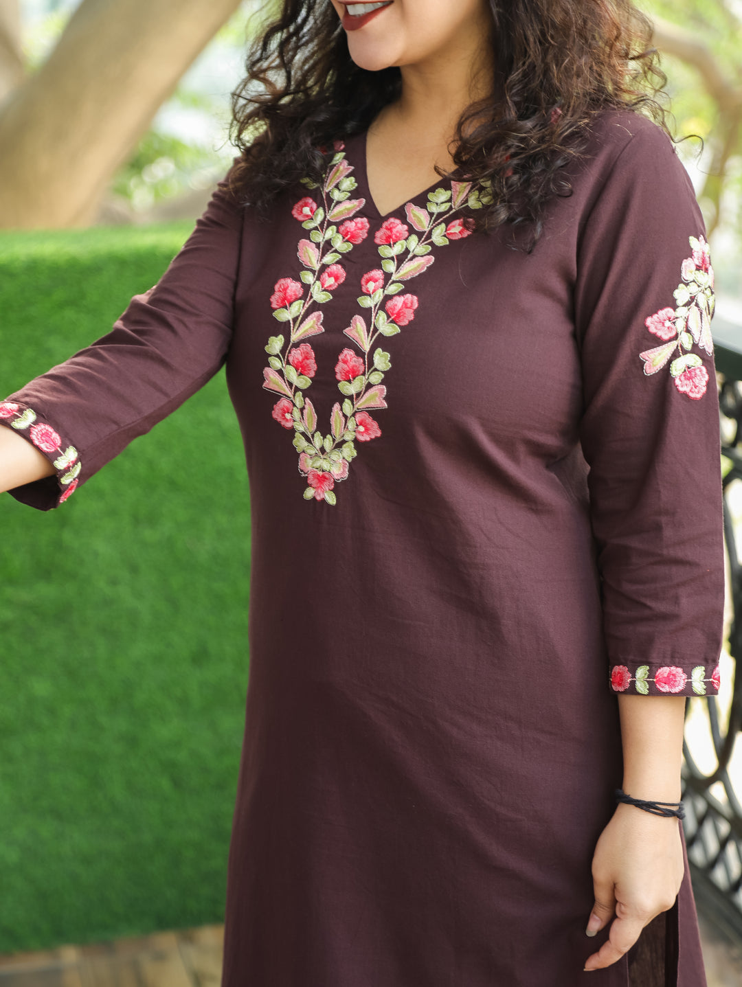 Rudrakshi Choco Brown with V Neck Embroiered Work Cotton 2 Piece Set