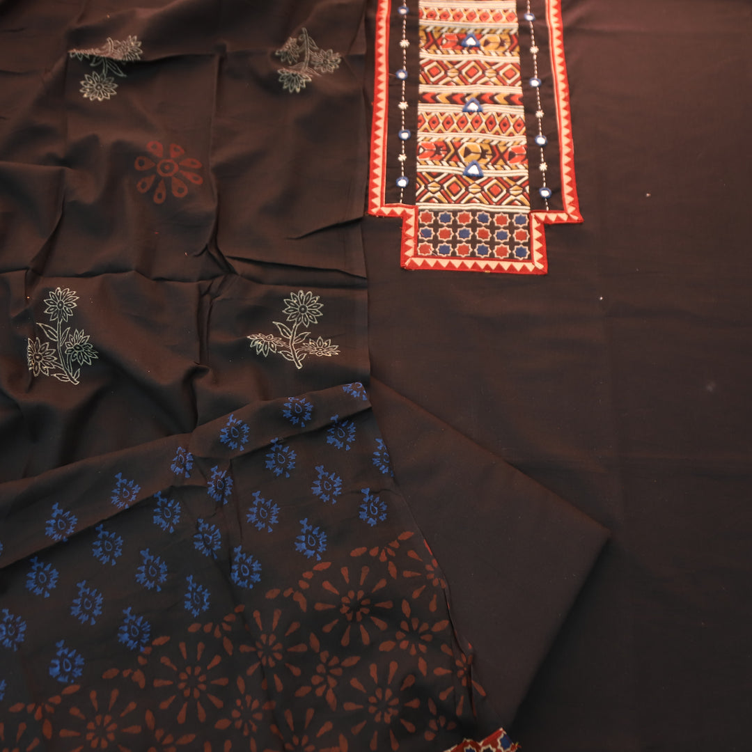 Jogiya Ebony Black Ajrak Printed Yoke with Mirror Work Cotton Suit Set