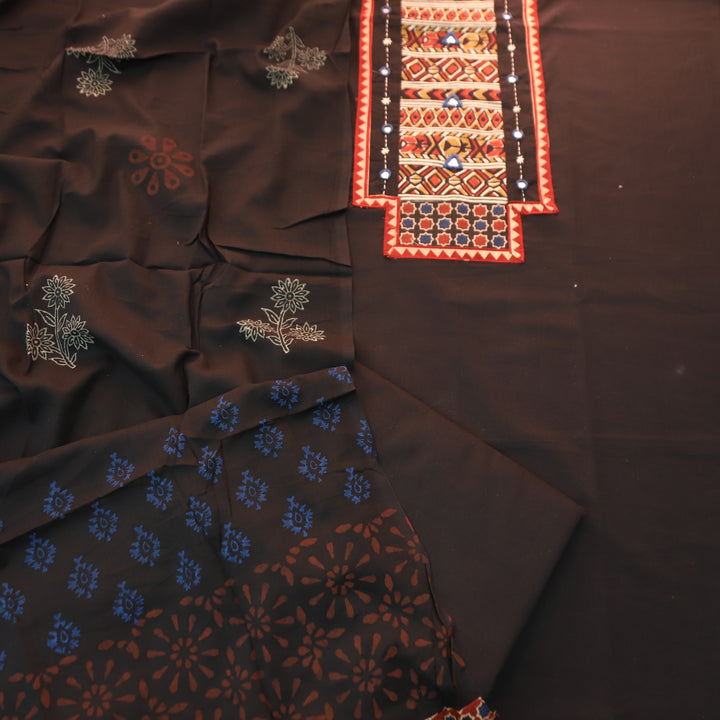 Jogiya Ebony Black Ajrak Printed Yoke with Mirror Work Cotton Suit Set