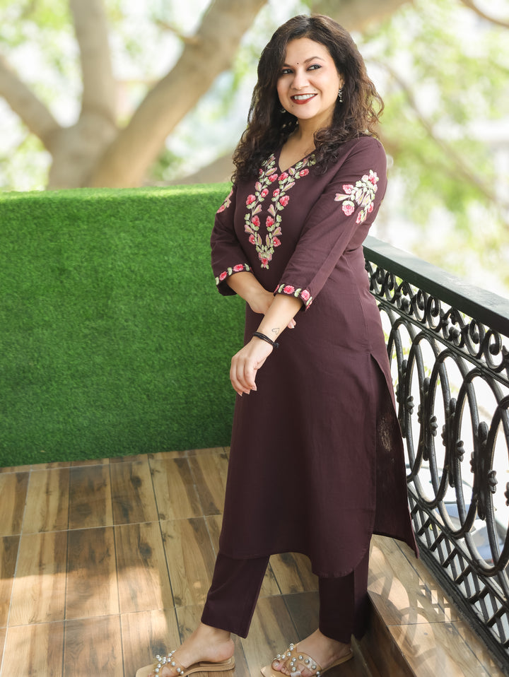 Rudrakshi Choco Brown with V Neck Embroiered Work Cotton 2 Piece Set